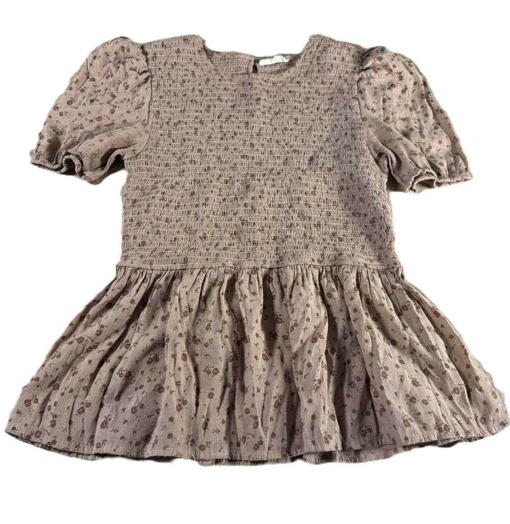 MINE Juniors Large Brown Floral Smocked Peplum Blouse Puff Sleeve Boho